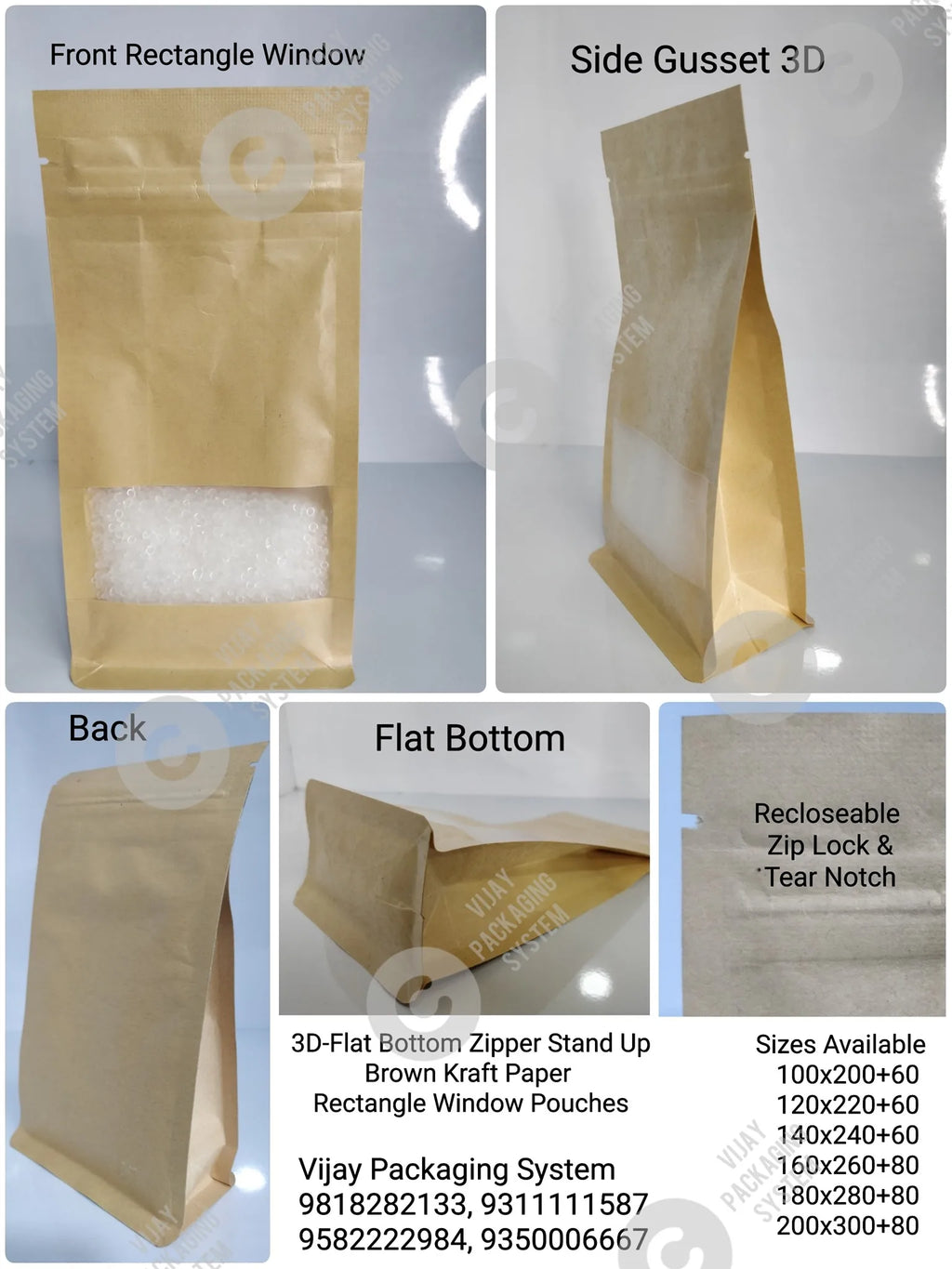 Wholesales Biodegradable Kraft Paper Pouch Custom 3 Side Seal Flat Bag