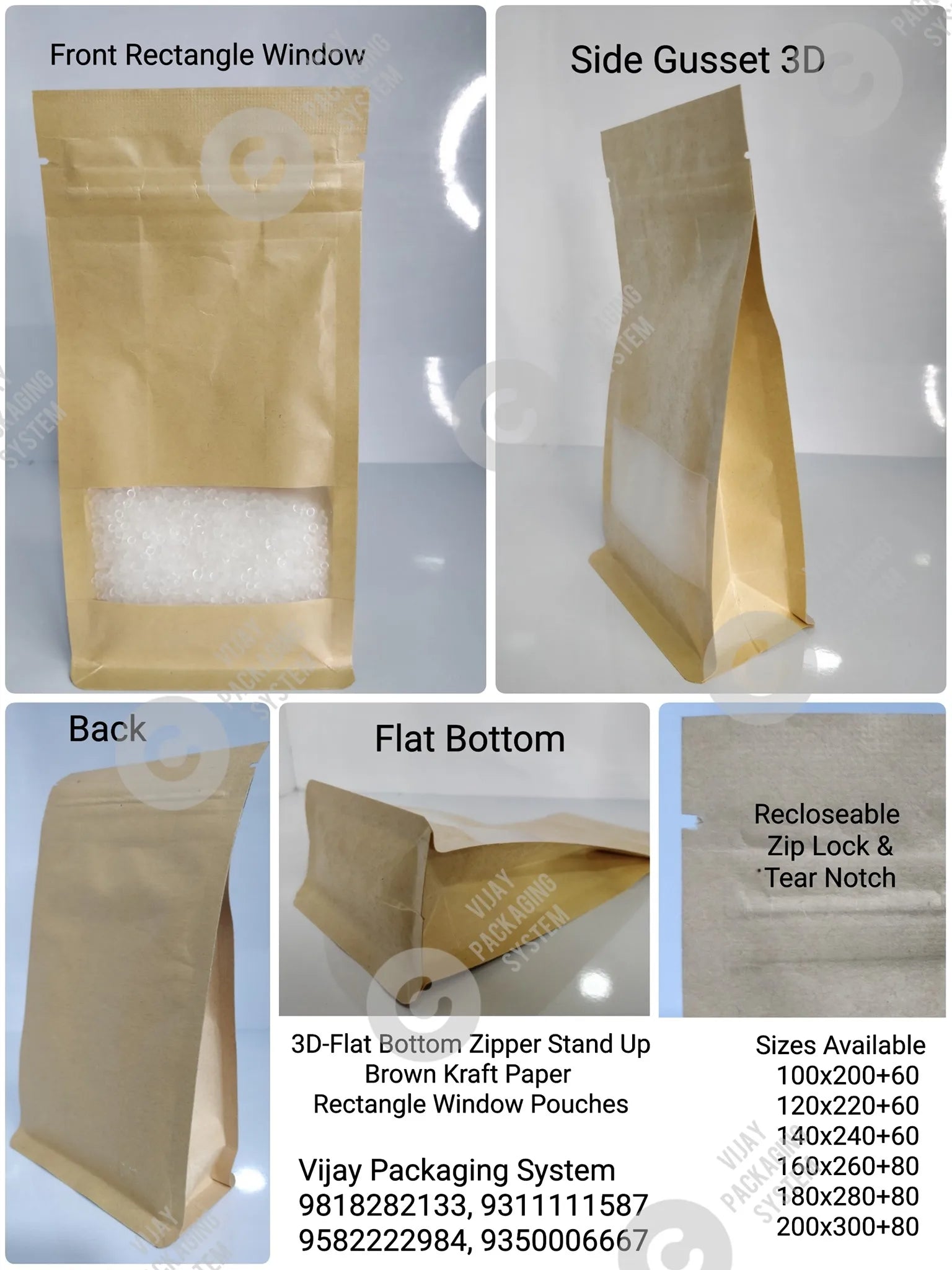 Wholesales Biodegradable Kraft Paper Pouch Custom 3 Side Seal Flat Bag